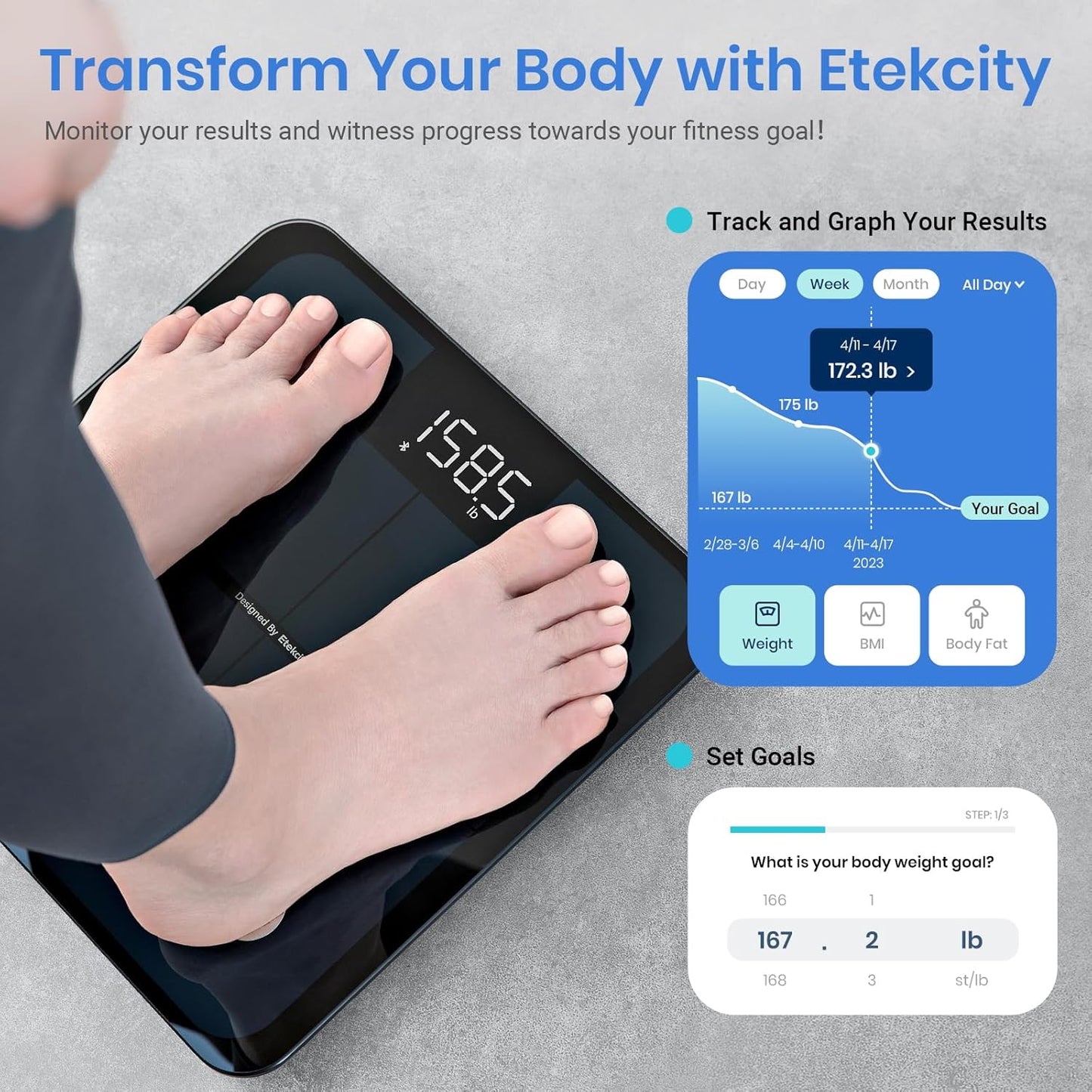 Smart Scale for Body Weight, Bathroom Digital Weighing Scale with BMI, Body Fat, Muscle Mass, Accurate Bluetooth Home User Health Equipment Sync Apps